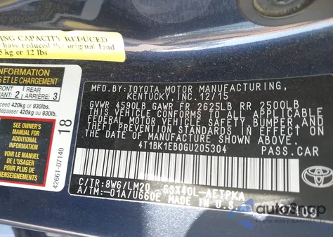 2016 Toyota Avalon Limited из США, поврежденный, VIN 4T1BK1EB0GU205304